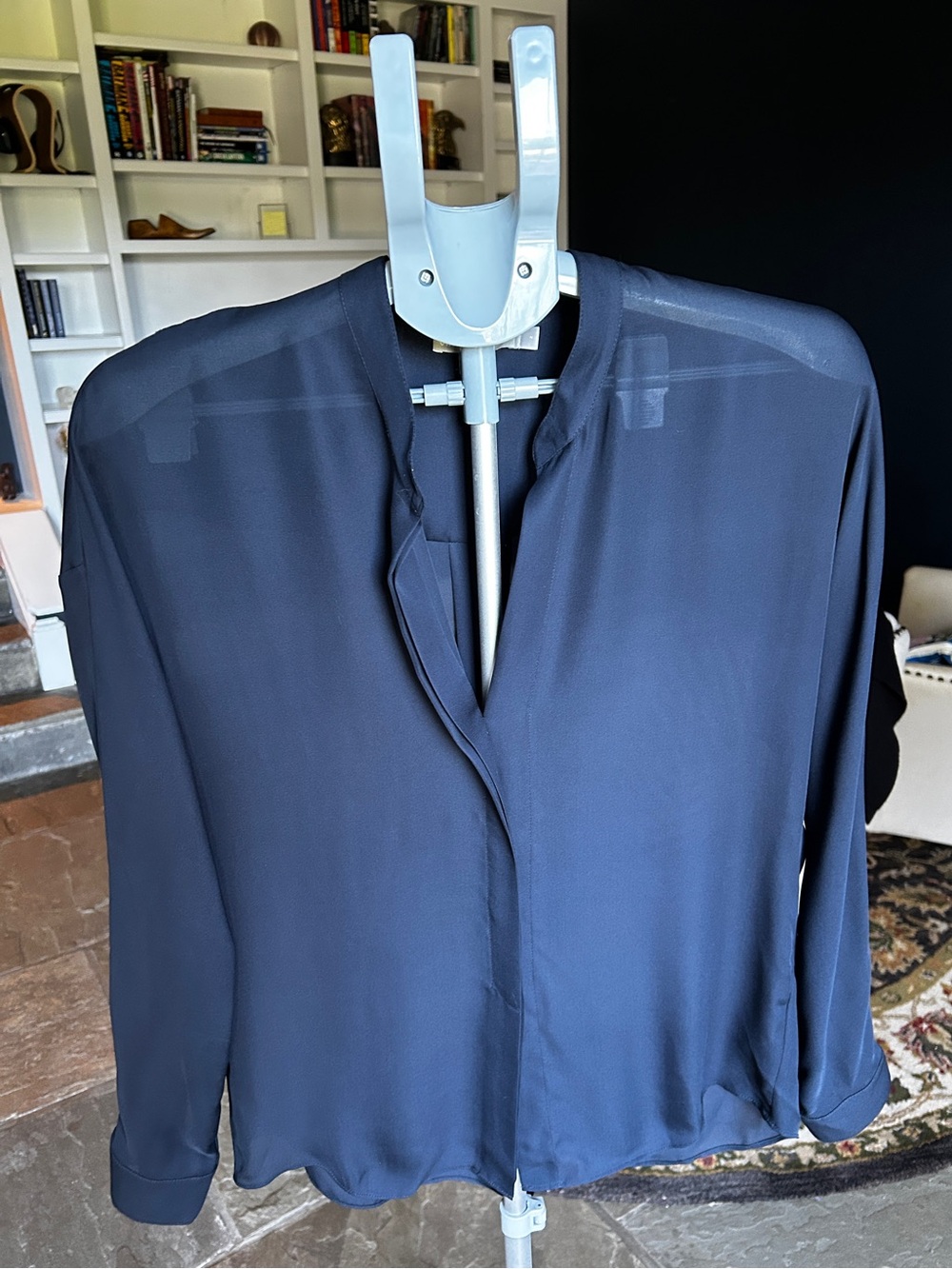 Vince Navy Blue Collarless Long-Sleeve blouse.  Size 2.